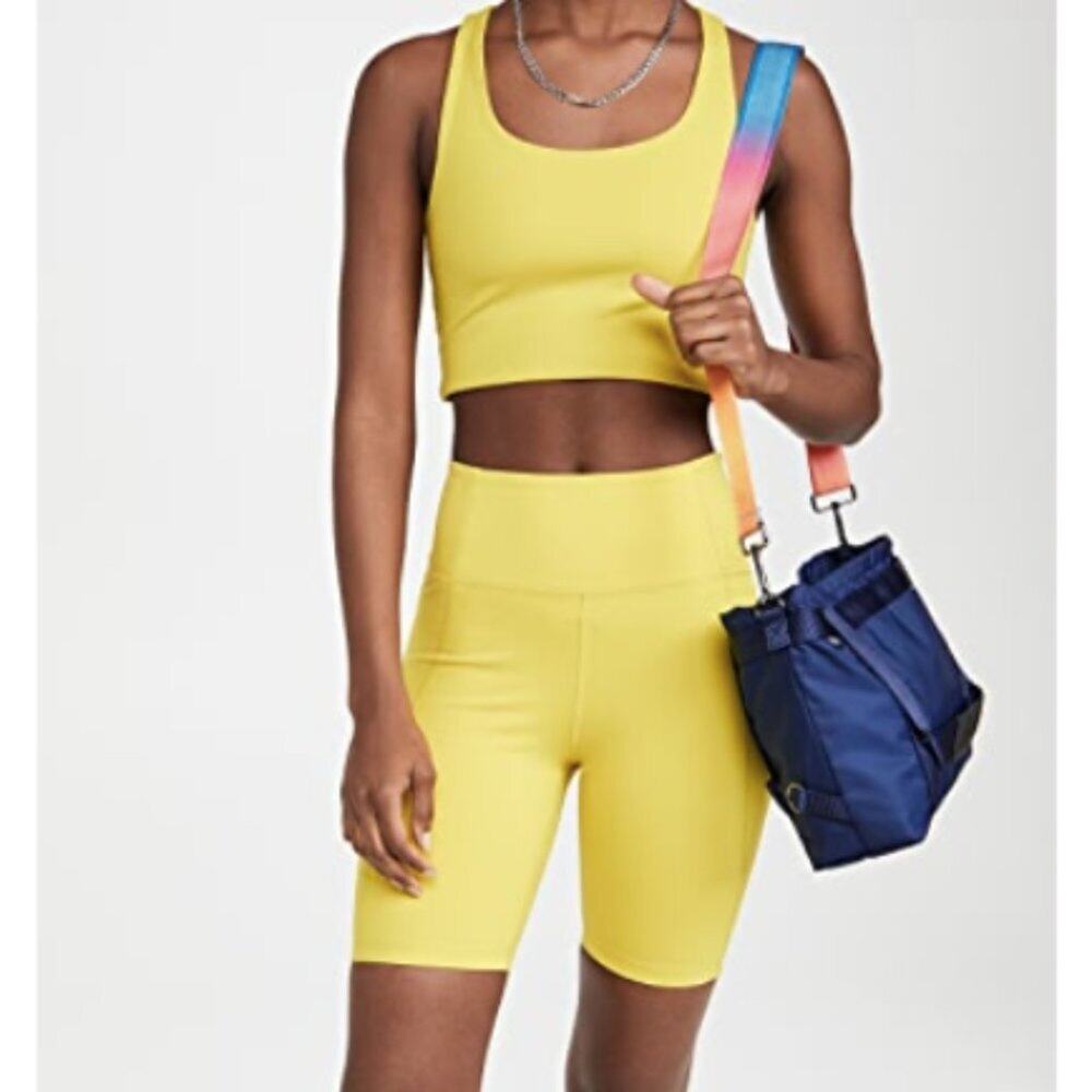 Girlfriend Collective Poloma Bra + Biker Shorts Workout Set in Chartreuse